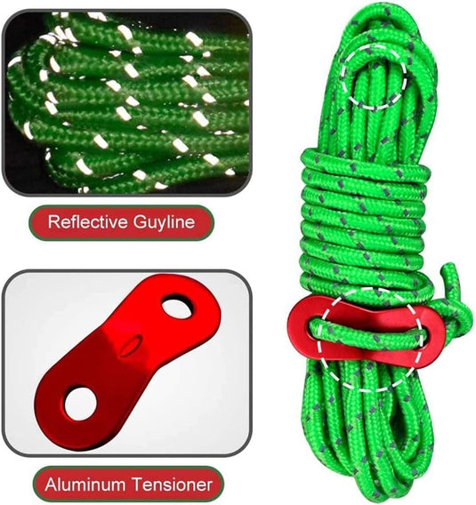 Laat je tent stevig staan met onze reflecterende scheerlijn touwen, uitgerust met een hoogwaardige aluminium sleutel. Close-up van het touwpatroon en spannerontwerp, ideaal voor kampeeravonturen.