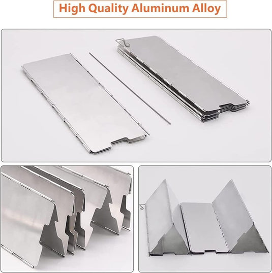 Bescherm je vlam: Het ultieme aluminium campingfornuiswindscherm is inklapbaar, beschikt over scharnieren en een draagstang en wordt in drie afbeeldingen gevouwen en uitgevouwen getoond: een essentieel kampeergadget voor een naadloze buitenkookervaring.