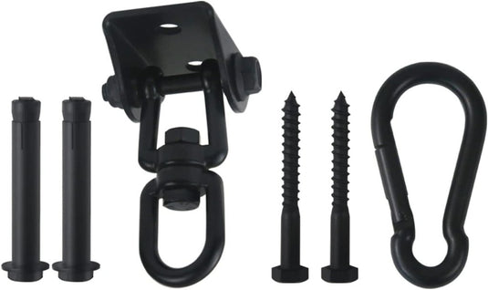 De ultieme 360° draaibare plafondhaak bestaat uit een zwarte metalen draaibare beugel, twee muurankers, twee schroeven, een karabijnhaak en een 360° draaibare haak voor het veelzijdig bevestigen of ophangen van objecten.