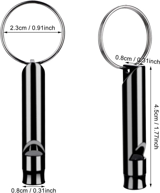 Het Blijf veiligheidspakket bevat 6 zwarte aluminium noodfluitjes met sleutelhangers, ideaal voor outdoor avonturen. Met afmetingen van 2,3 cm diameter, 0,8 cm breedte en 4,5 cm hoogte - perfect voor elke uitdaging!.