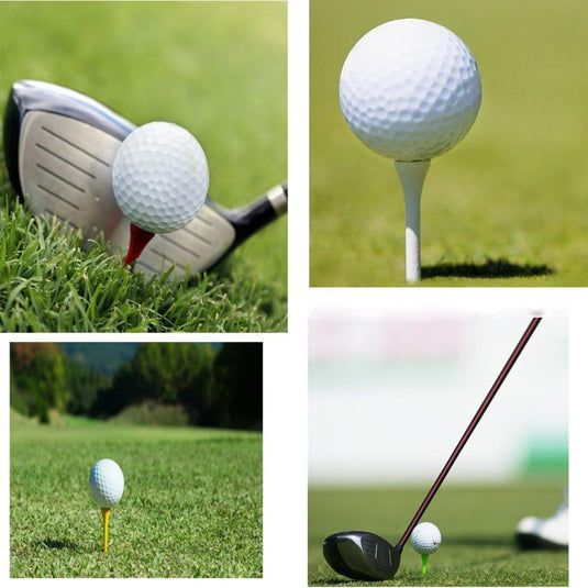 Collage van vier golfafbeeldingen met close-ups van een golfbal op een professionele houten golftee met clubs die zijn gepositioneerd voor een swing op grasbanen.