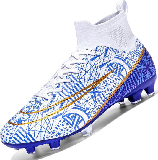 Bekijk onze ⚽ Domineer het veld high-performance voetbalschoenen! Deze witte schoenen hebben blauwe abstracte patronen, een gouden swoosh en blauwe studs voor uitzonderlijke grip en stabiliteit. Het hoge ontwerp biedt verbeterde enkelondersteuning, perfect voor dynamisch veldspel.