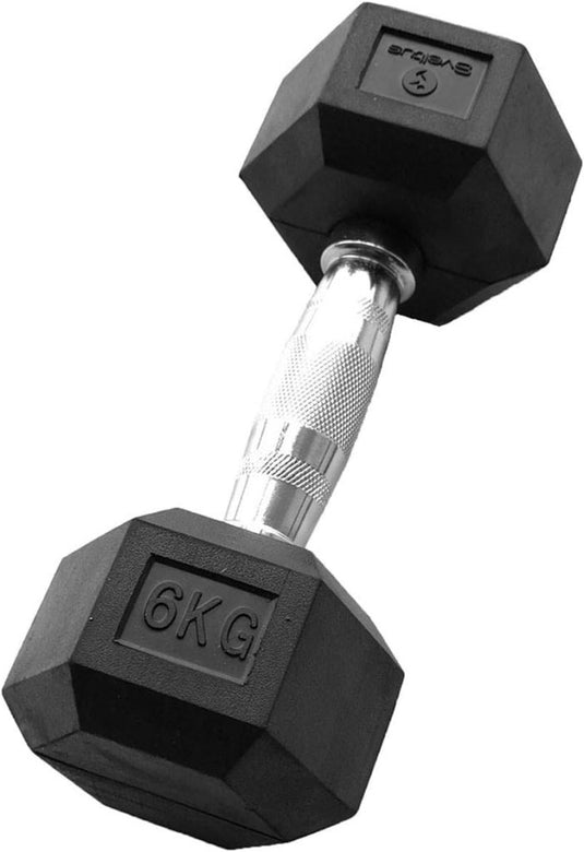 De Ultieme zeshoekige halter van 6 kg heeft een metalen handvat en zwarte, duurzame rubberen uiteinden met een ergonomisch ontwerp voor optimaal comfort en grip, perfect voor intensieve trainingen.