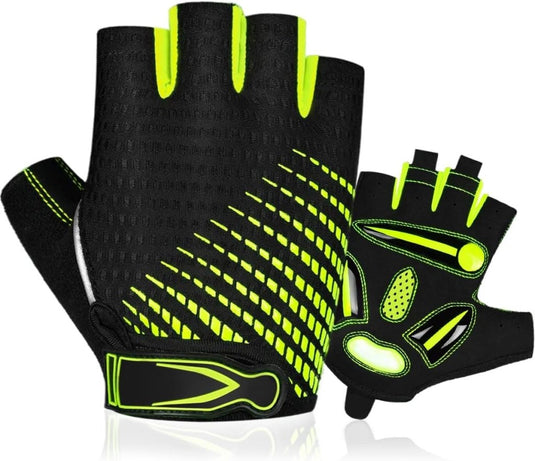 Comfortabele en schokabsorberende fietshandschoenen voor elke rit in zwart en neon groen, met geprofileerde grip, antislip ontwerp en verstelbare polsbandjes, getoond van voor- en achterkant.