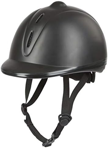 Een zwarte paardenrijhelm met een polycarbonaat helmschaal, geavanceerd ventilatiesysteem, verstelbare kinband en gladde afwerking is verkrijgbaar in onze Rijd veilig en stijlvol collectie.