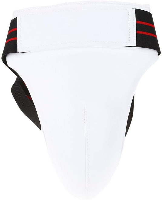 Introductie van de Bescherm jezelf met onze ergonomische liesbeschermer! Een witte atletische beschermcup met zwarte en rode elastische banden, ontworpen voor mannelijke liesbescherming tijdens sporten. Ideaal voor superieure bescherming tijdens vechtsporten.