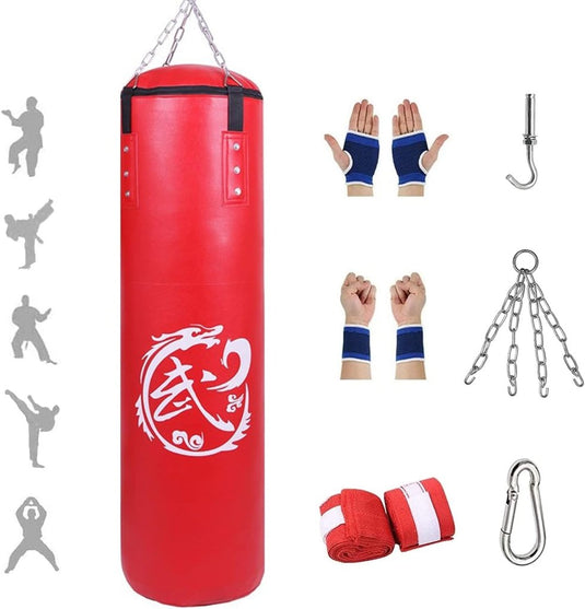 Transformeer je training met onze rode PU-leren bokszak met een drakenontwerp. Compleet met blauwe handwraps, polsbanden, haak, kettingen en karabijnhaak. De zijkanten tonen silhouetten van vechtsporters. Ideaal voor elke sportschool of thuisopstelling!.