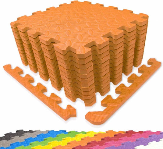 De Sportmatten puzzelset voor fitness en bescherming bestaat uit in elkaar grijpende oranje schuimmatten, ideaal voor fitnessroutines of sportmatten-sessies, verkrijgbaar in felle kleuren zoals zwart, grijs, geel, groen, blauw, paars en roze.
