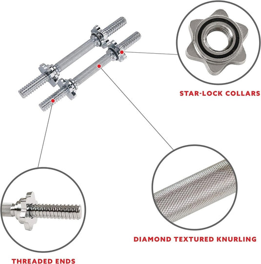 Een close-up toont twee 35cm zilveren chroom halsterstangen, voorzien van diamantgestructureerde kartels en star-lock kragen, ideaal voor krachttraining met hun stevige, verstelbare ontwerp. Perfect voor elke georganiseerde!.