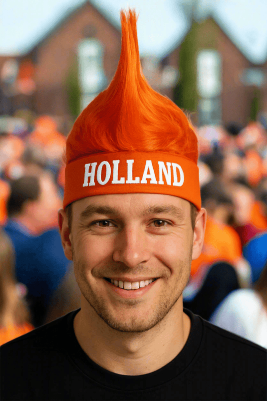 🎉 Val direct op in het oranje met de oranje hanenkam pruik 🦁 - happygetfit.com