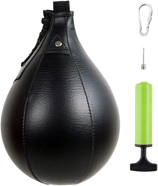 Verbeter uw snelheid en precisie met deze zwarte PU-lederen speedball, compleet met een groene luchtpomp, naald en robuuste metalen karabijnhaak om uw reflexen aanscherpen.