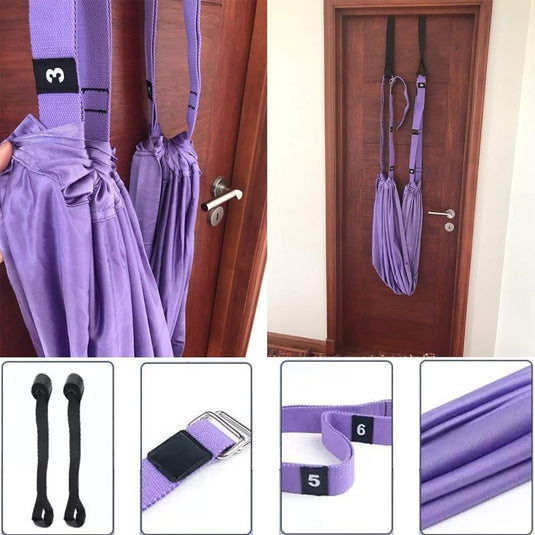 De Verbeter je flexibiliteit met de beste yogariem is een paarse yoga schommel hangmat perfect voor het verbeteren van flexibiliteit, opgehangen aan een deur. Het heeft banden, gespen en stoffen close-ups voor veelzijdig gebruik.