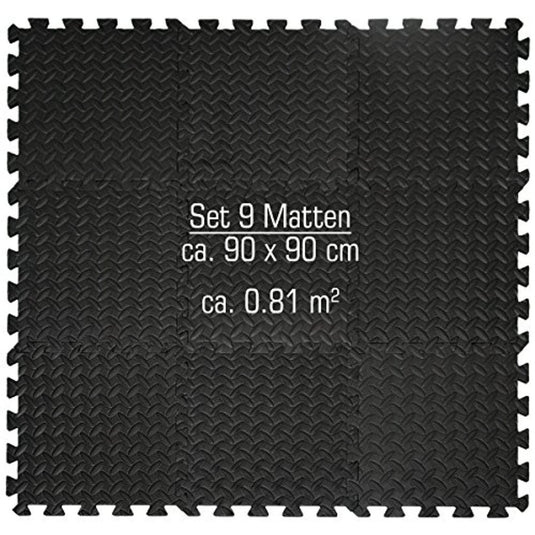 Antislip puzzelmatten van EVA-schuim voor fitnessapparatuur, circa 90 x 90 cm, met een oppervlakte van 0,81 vierkante meter.