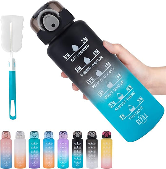 1 liter waterflesjes: de perfecte metgezel voor een actieve levensstijl met tijdsindicator en schoonmaakborstel, beschikbaar in diverse kleuren.