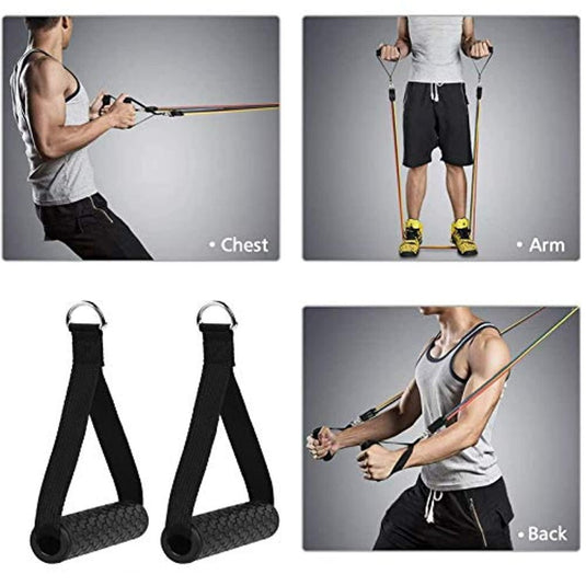 Collage met vier afbeeldingen die oefeningen demonstreert met weerstandsbanden gericht op borst, armen en rug, inclusief een close-up van de Train oefening met de fitness handgrepen kabelgrepen.