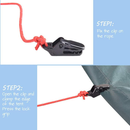 Zin met productnaam: Twee afbeeldingen illustreren het gebruik van een set van 100 zwarte tentclips aan een touw voor het opzetten van een tent. Bovenste afbeelding: clip vastgebonden aan rood touw. Onderste afbeelding: clip waarmee de tentrand wordt vastgezet. Instructies inbegrepen.