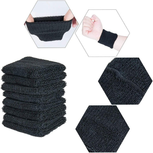 Ervaar het ultieme comfort met onze zwarte katoenen zweetbanden die vanuit verschillende hoeken worden getoond en om een hand gedragen.