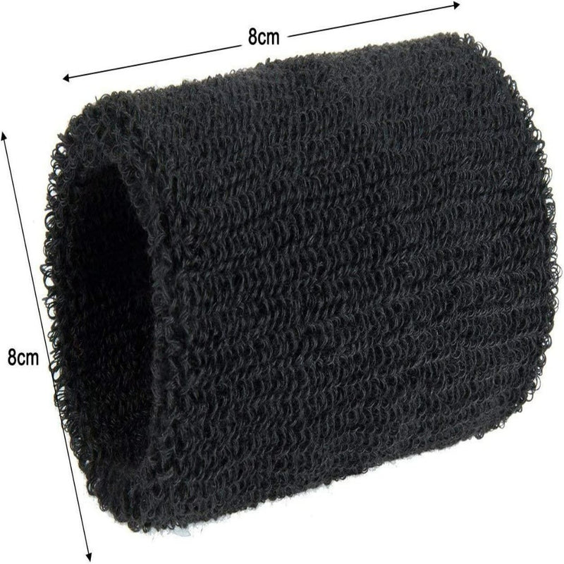 Laad afbeelding in Galerijviewer, Een zwarte, getextureerde Ervaar het ultieme comfort met onze katoenen zweetbanden met uitstekende absorptie, gelabeld: 8cm bij 8cm, weergegeven tegen een witte achtergrond.
