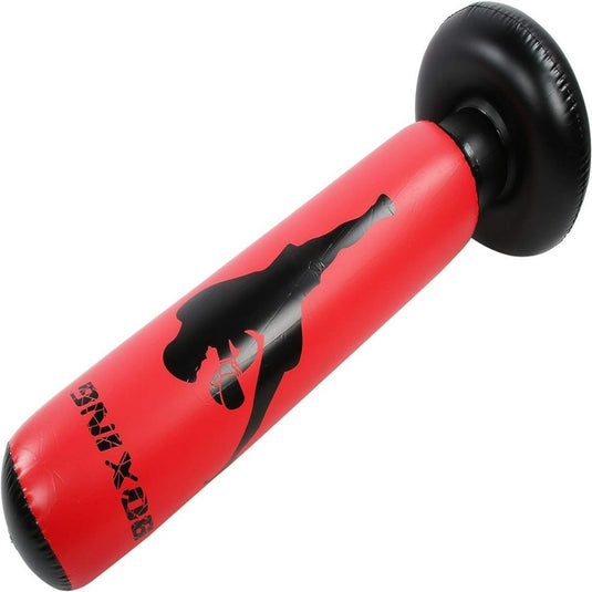 Verover je kracht en roest met de opblaasbare staande bokszak van 170cm, ontworpen voor stressverlichting en training, met een zwart silhouet van een bokser op een rode achtergrond.