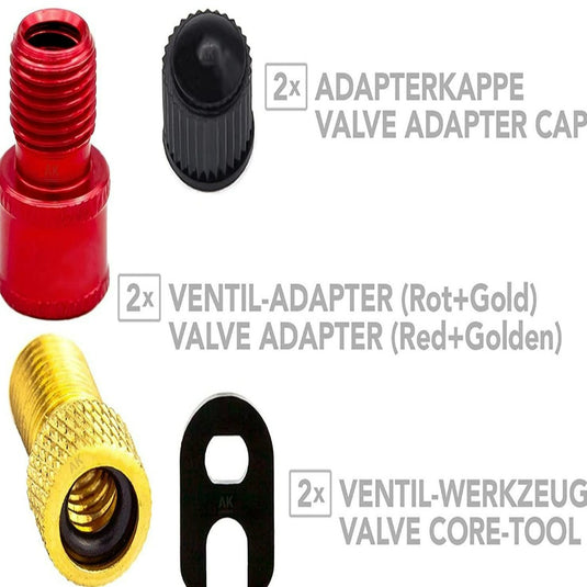 Presta ventiel vervangingsset: Repareer je fietsbanden in een handomdraai, inclusief een rode ventieladapterdop, twee ventieladapters in rood en goud, compatibel met alle fietsen, en een zwarte ventielkern-tool.