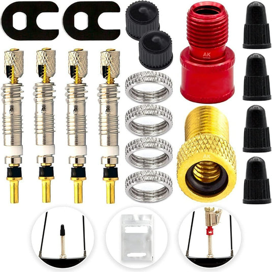 De Presta ventiel vervangingsset, gemaakt van hoogwaardige materialen, bestaat uit tubeless ventielstelen en accessoires zoals metalen ventielen, adapters, doppen en afdichtingen om fietsbanden gemakkelijk te repareren op een witte achtergrond.