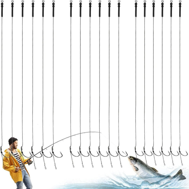 Laad afbeelding in Galerijviewer, Een man in een geel jasje aan het vissen, met meerdere vislijnen boven hem en een grote karper die aan het uiteinde van zijn Verbeter jouw karperavonturen met karperhaken visaccessoires springt op een witte achtergrond.
