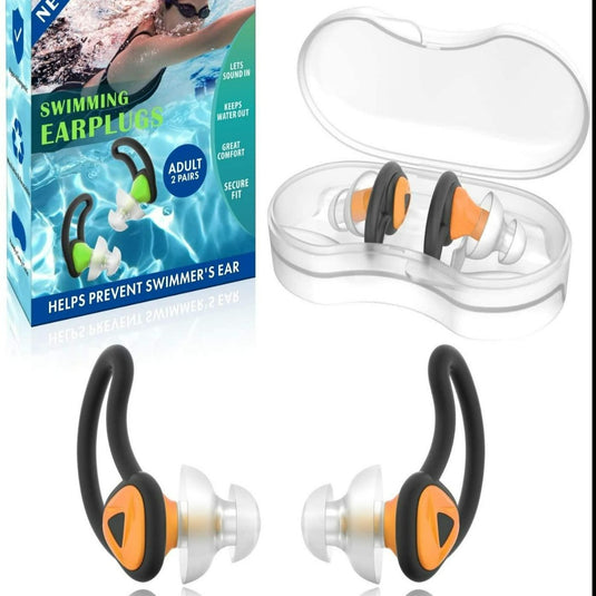 Zwem zorgeloos met onze zwemoordoppen tegen water; herbruikbaar, oranje tips, zwarte lussen. Gepresenteerd in een duidelijke case en afzonderlijk. De verpakking – levendige zwemscène – beweert dat ze waterdicht zijn en zwemmersoor helpen voorkomen.