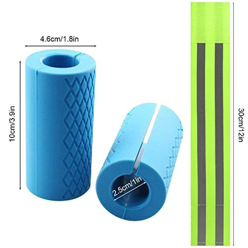 Laad afbeelding in Galerijviewer, Afbeelding van een blauw cilindervormig yogablok met gelabelde afmetingen, naast een groen meetlint en Fat Gripz die de lengte aangeeft.
