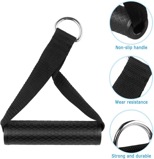 De Ontdek de ultieme weerstandsbanden zijn voorzien van een zwarte handgreep met een metalen ring en een antislip handvat, die in close-ups worden getoond vanwege de comfortabele grip, slijtvastheid en duurzaamheid - ideaal voor het verbeteren van spierkracht verlagen.