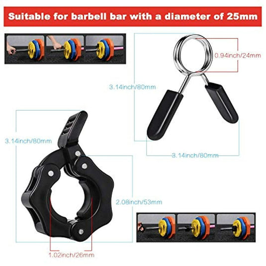 Diagram met de afmetingen en het juiste gebruik van Maak je fitnessroutine compleet met 25mm halterclips voor een haltersluiting van 25mm, inclusief een accessoire voor extra grip.