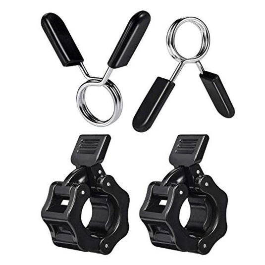 Twee paar zwarte Maak je fitnessroutine compleet met 25 mm halterclips met aangehechte zwarte schuimgrepen en hoogwaardige metalen D-ringconnectoren van ABS-materiaal.