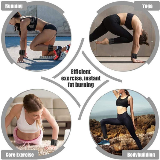 Een collage van de diverse fitnessactiviteiten licht: hardlopen, yoga, core-oefeningen en bodybuilding met Verstelbare Enkelgewichten voor bagage oef.