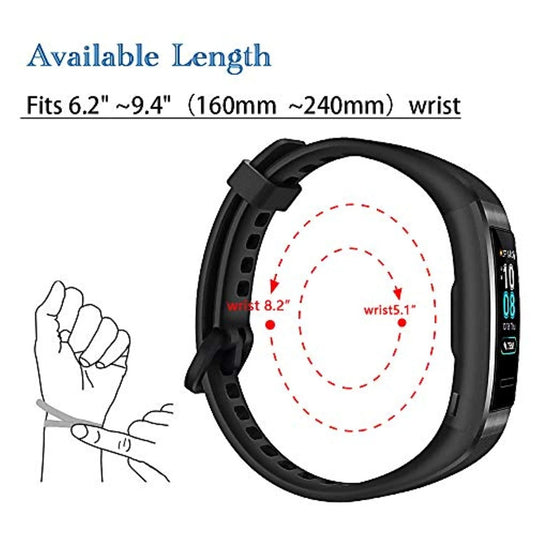 Illustratie die laat zien hoe je de polsmaat kunt meten voor de Bescherm en pas je Huawei Band 3 Pro Smart-horloge aan met deze vervangende fitnessarmband, wat aangeeft dat deze geschikt is voor polsen tussen 6,2 en 9,4 inch.