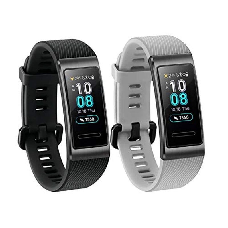 Laad afbeelding in Galerijviewer, Twee Huawei Band 3 Pro Smart-horloges met zwarte en grijze siliconengel-elastiekjes die tijd, datum en stappentelling op hun scherm weergeven.
