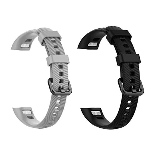 Twee Bescherm en pas je Huawei Band 3 Pro Smart-horloge vervangende fitnessarmbanden in grijze en zwarte kleuren.
