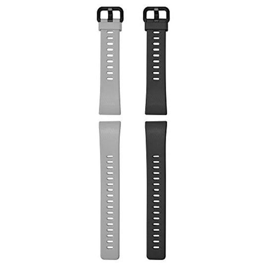 Twee Bescherm en pas je Huawei Band 3 Pro Smart-horloge fitnessarmbanden, één in lichtgrijs en één in zwart, verticaal weergegeven met gespsluitingen zichtbaar aan de bovenkant.
