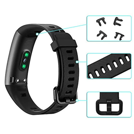 Bescherm en pas je Huawei Band 3 Pro Smart-horloge aan met deze vervangende fitnessarmband met hartslagmeter, getoond met afneembare bandjes en gesp, en close-up weergaven van de bandconnectors.