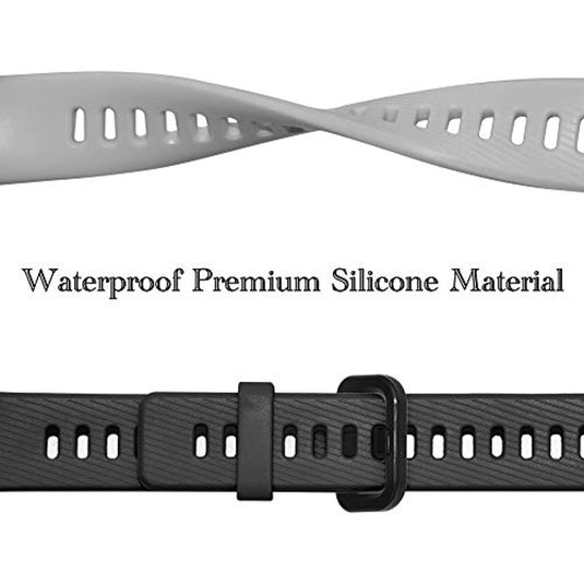 Twee zwarte horlogebanden van siliconenrubber die elkaar kruisen, met de tekst 'waterproof premium silicone material'.
Huawei Band 3 Pro Smart-horloge fitnessarmband.