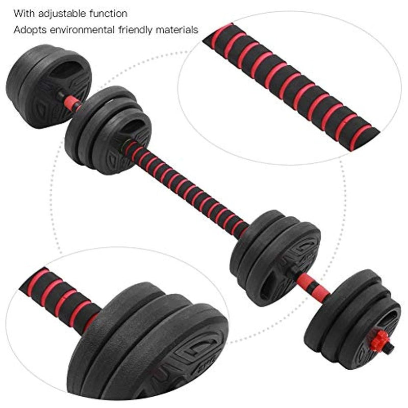 Laad afbeelding in Galerijviewer, Een afbeelding van een set verstelbare dumbells met zwarte en rode handgrepen, zowel gemonteerd als gedemonteerd, perfect voor het verbeteren van uw fitnessroutine.
