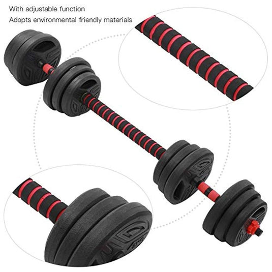 Een afbeelding van een set verstelbare dumbells met zwarte en rode handgrepen, zowel gemonteerd als gedemonteerd, perfect voor het verbeteren van uw fitnessroutine.