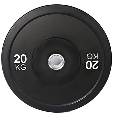 Verbeter je fitnessprestaties met de olympische bumperplates van 20 kg in het zwart met witte cijfers die het gewicht aangeven.