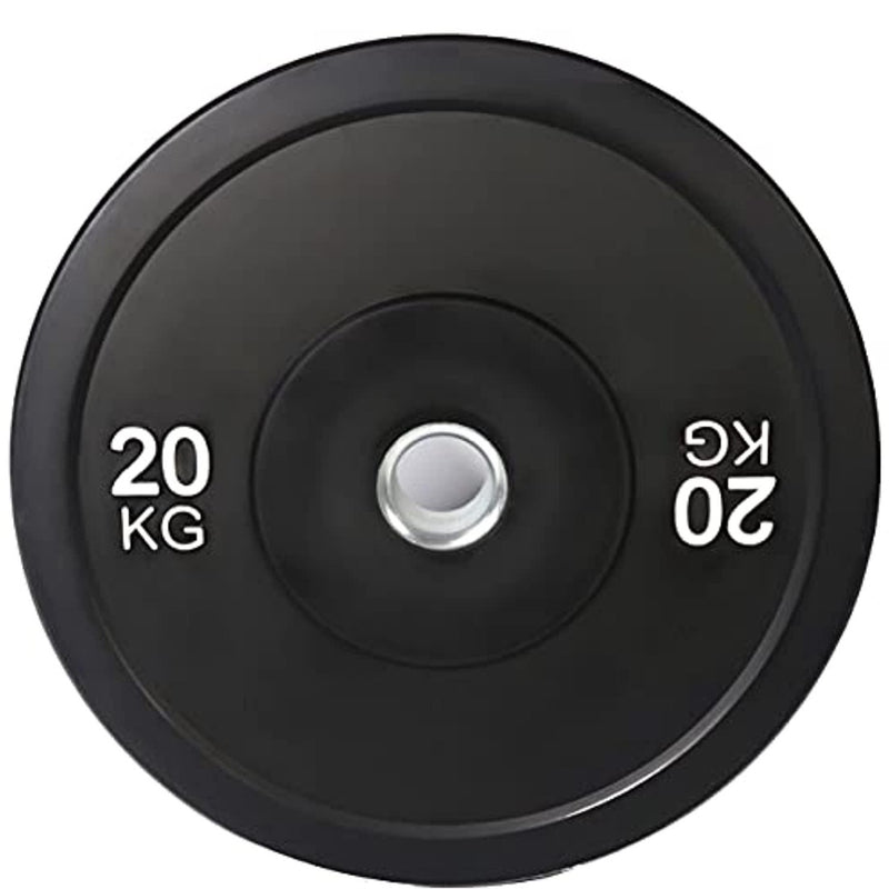 Laad afbeelding in Galerijviewer, Verbeter je fitnessprestaties met de olympische bumperplates van 20 kg in het zwart met witte cijfers die het gewicht aangeven.
