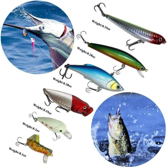 Een verscheidenheid aan Ontdek de geheimen van succesvol vissen met de kunstaas vissenlok-kit met aangegeven gewichten naast afbeeldingen van een vis die wordt gehaakt.