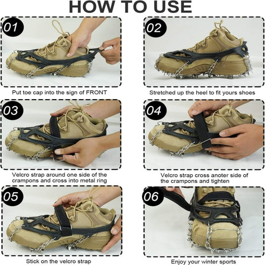 Stap-voor-stap handleiding die laat zien hoe je Betrouwbare stijgijzers voor schoenen aan wandelschoenen bevestigt, inclusief het bevestigen van de riemen en het afstellen van de strakheid, met tekstinstructies voor de voorbereiding op de wintersport.