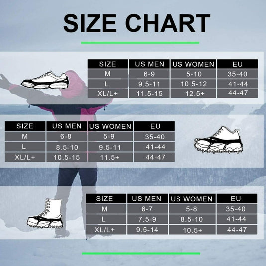 Een maattabel voor schoenen met overeenkomstige Amerikaanse, Britse en EU-maten, met daarop Betrouwbare stijgijzers voor schoenen, over een afbeelding van een persoon die aan het snowboarden is.