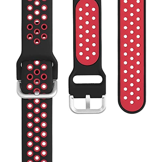 Drie Samsung-horlogebandjes in zwart en rood met een geperforeerd ontwerp, weergegeven in twee verschillende oriëntaties, gemaakt van duurzaam TPU-materiaal.