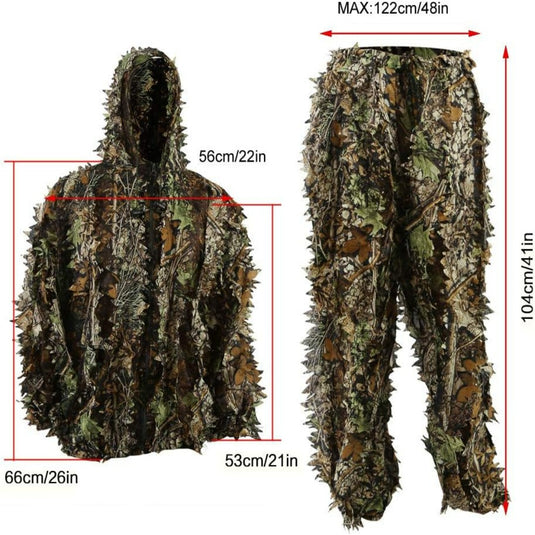 Ontdek het ultieme ultieme camouflagepak - Ghilliekostuum: jouw verborgen perfecte wapen! met jasje en broek, met afmetingen voor elk onderdeel.