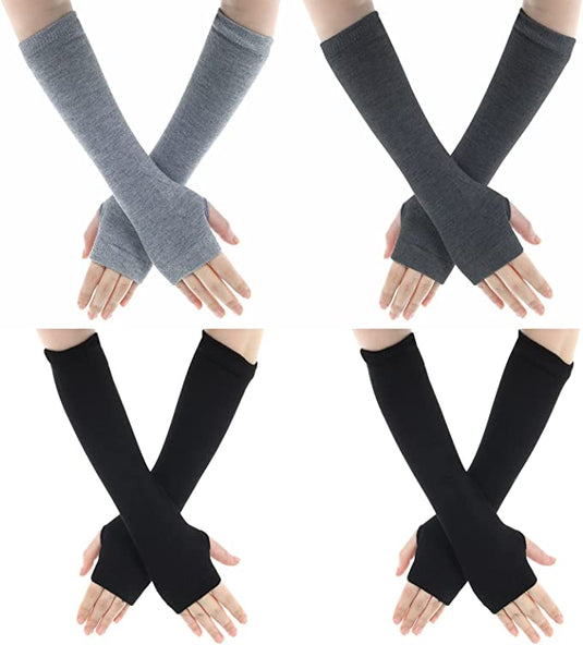 Vier paren gothhandschoenen in grijs en zwart, weergegeven op menselijke handen in diverse oriëntaties, met een comfortabele pasvorm.