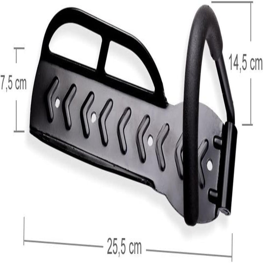 Zwart Fiets ophangsysteem met gelabelde afmetingen, met een lengte van 25,5 cm en een hoogte van 14,5 cm, met een ruimtebesparend ontwerp.