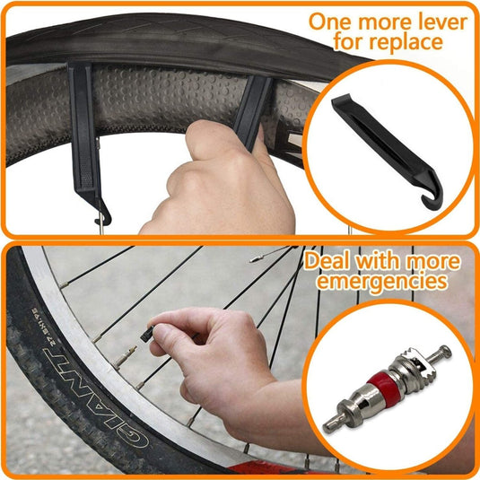 Ontdek de kracht van onze sterke reparatie patch voor fietsbanden van afbeeldingen van een hand die een fietsband repareert met gereedschap, waaronder een bandenlichter en ventielkern, met beschrijvende tekstoverlays over de binnenband.